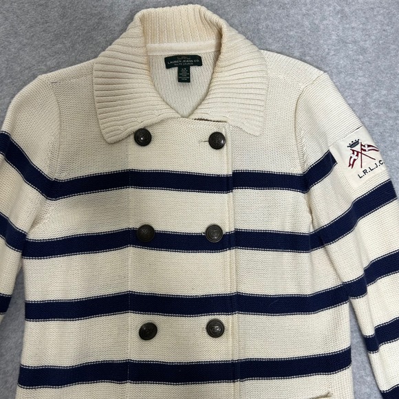 LRL Ralph Lauren Nautical Stripe Double Breasted Cardigan L 100% Cotton Preppy - Picture 3 of 11